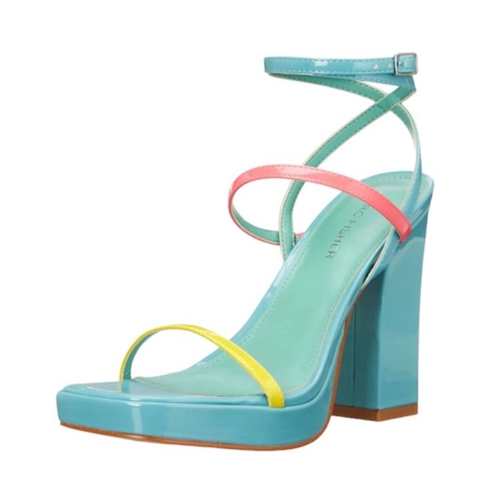 MARC FISHER ACRES Women's Strappy Ankle Wrap Platform Heel Sandals Blue Multi